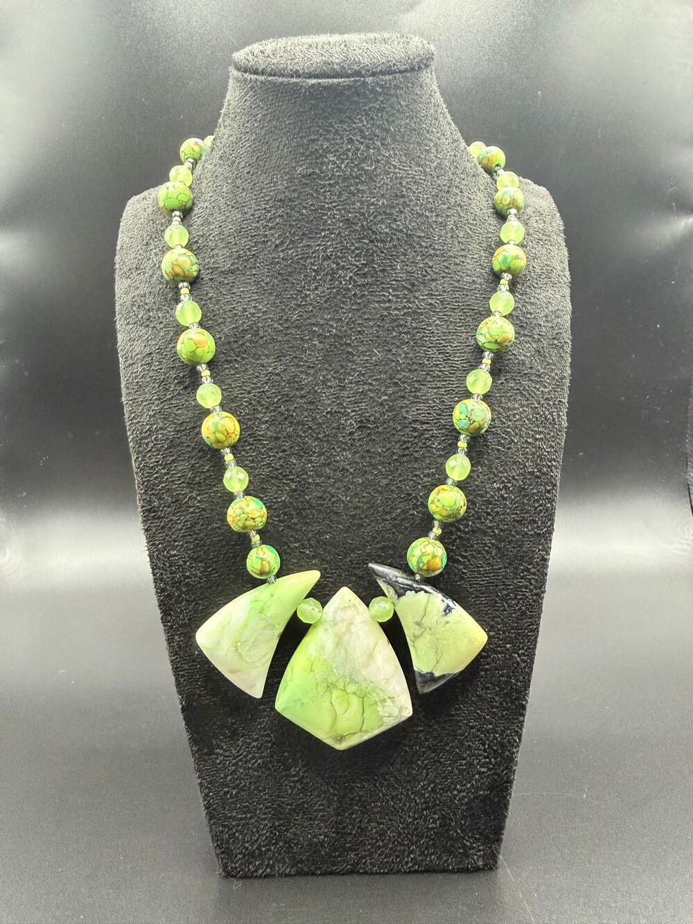 Vintage Lime Green Gemstone statement necklace with 3 geometric focal pendants